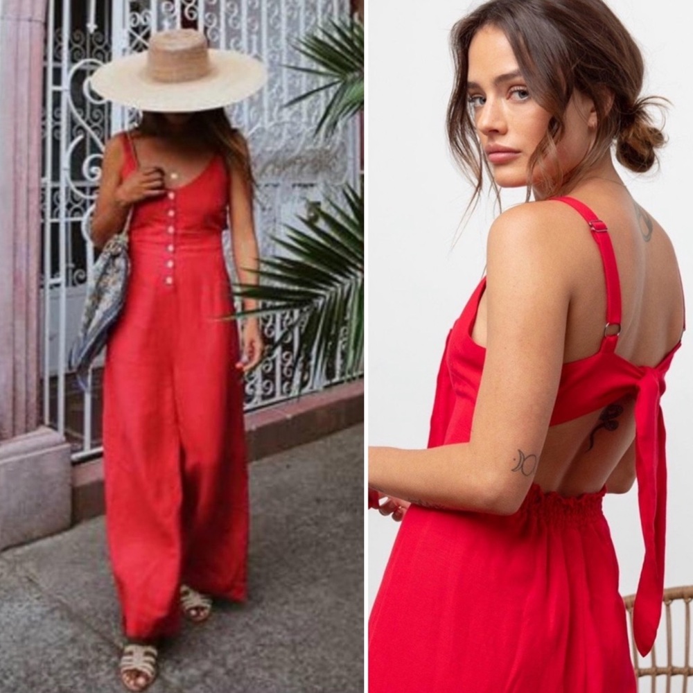 Rails Teresa Linen Wide Leg Tie Back Jumpsuit XL Cayenne Red Lightweight Cropped